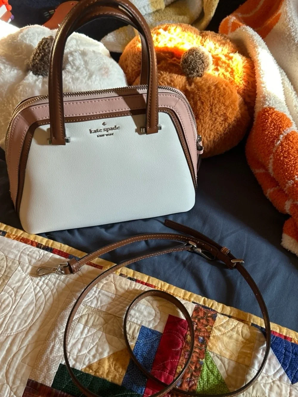 kate spade Two-Tone Cream and Brown Dome Satchel with Pink Trim